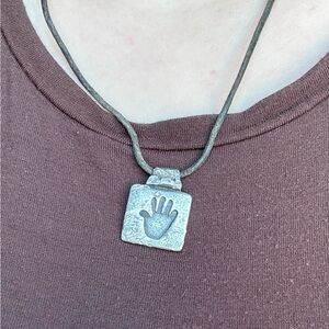 Silver Tone Handprint Metal Pendant Necklace Double Sided Leather Cord 18 inch